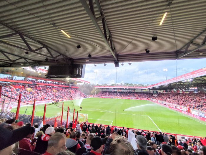 The view inside FC Union Berlin's stadium before the match against St. Pauli.