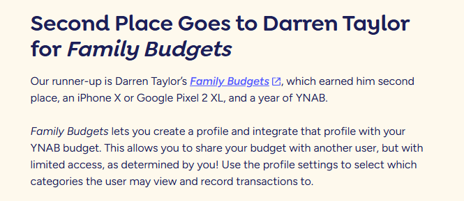 Family Budgets placing second in the 2018 YNAB API contest